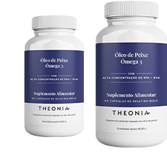 Two bottles of Theonia Omega 3 Fish Oil food supplement with high EPA and DHA concentration, each containing 60 softgels