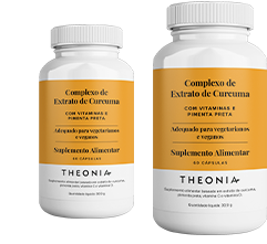 Two bottles of Theonia Turmeric Extract Complex with vitamins and black pepper, labeled as suitable for vegetarians and vegans, each containing 60 capsules